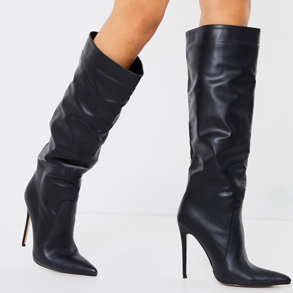 Pretty Little Thing Black Matte PU Calf Stiletto Heeled Boots NIB Size 8 - Picture 3 of 4